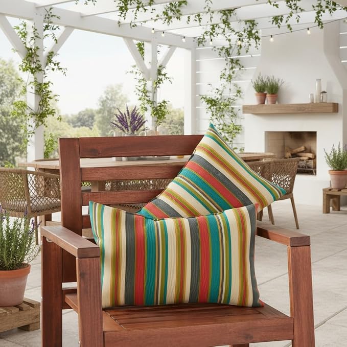 Set of 2 Outdoor Throw Pillows 19 x 12 Inch – Reversible Rectangle Patio Accent Pillows – Weather-Resistant Polyester Fabric – Eco-Friendly Recycled Polyfiber Fill – Sunset Stripe - Updated