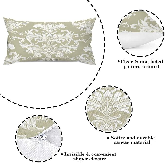 Set of 2 Tan Off Green White Damask Pattern Print Pillow Covers 12x24in Farmhouse Canvas Cushion Covers Outdoor for Couch Chair Home Decor for Family Friends
