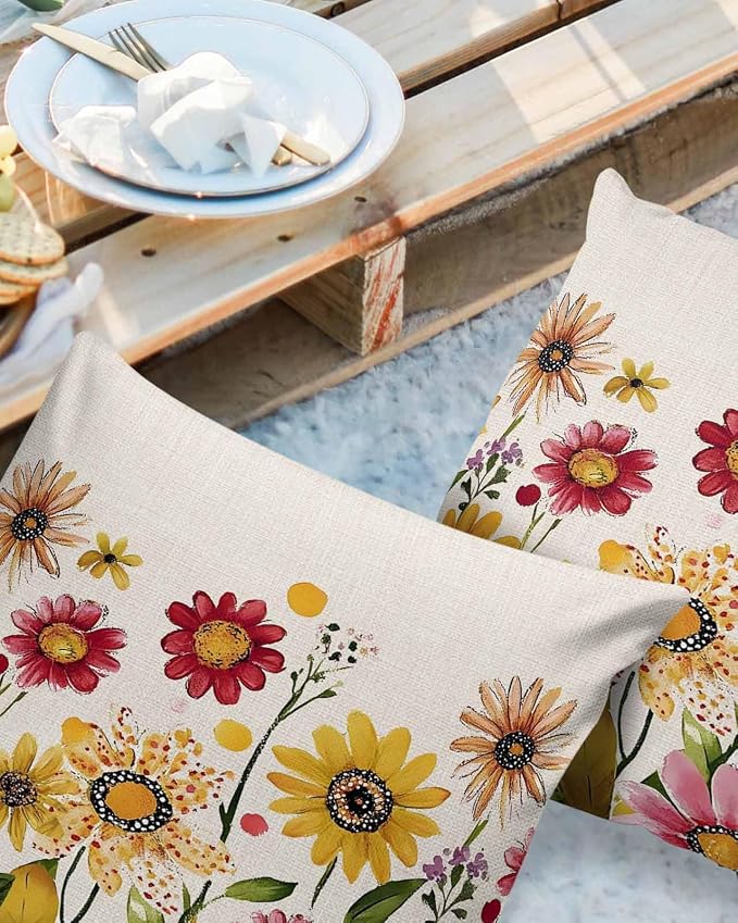 Outdoor Waterproof Pillow Covers for Patio Furniture Pink Purple Floral Decorative Throw Pillow Cover Red Yellow Flowers Pillowcases Set of 2 Cushion Case for Sofa Couch Chair Home Decor 26"x26"