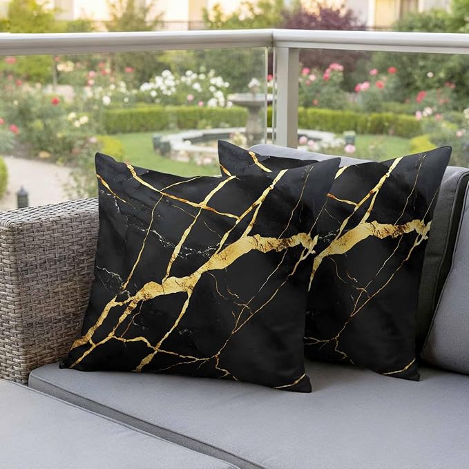 Outdoor Waterproof Pillow Covers 16x16Inch Marble Texture Throw Pillowcases for Patio Garden Couch Sofa Gold Line Black Decorative Cushin Case,Pack of 2