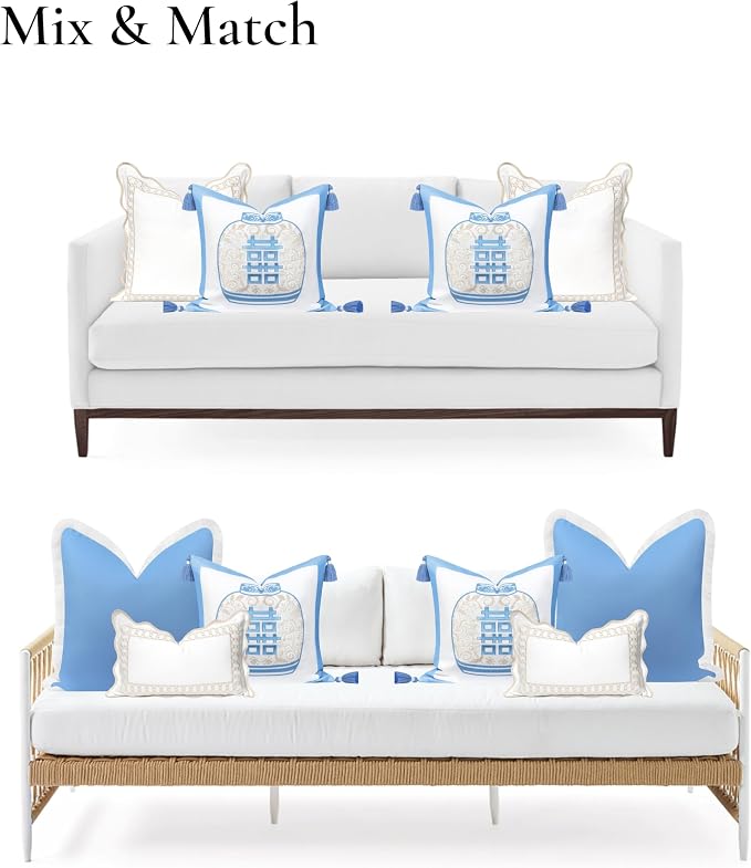 Hofdeco Premium Coastal Hampton Patio Indoor Outdoor Throw Pillow Cover Only, 20"x20" Water Repellent for Backyard, Couch, Poolside, Azure Blue Tan Embroidered Happiness Chinoiserie Vase