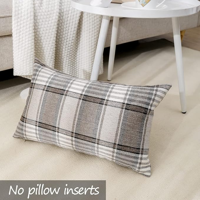 Brown Plaid Farmhouse Decorative Lumbar Pillow Covers 12x20 for Couch Sofa | Set of 2, Fall Winter Lumbar Pillow Covers 12 x 20, Cottage Core Decor, Vintage Rustic, 12x20 Accent Pillow Covers Only