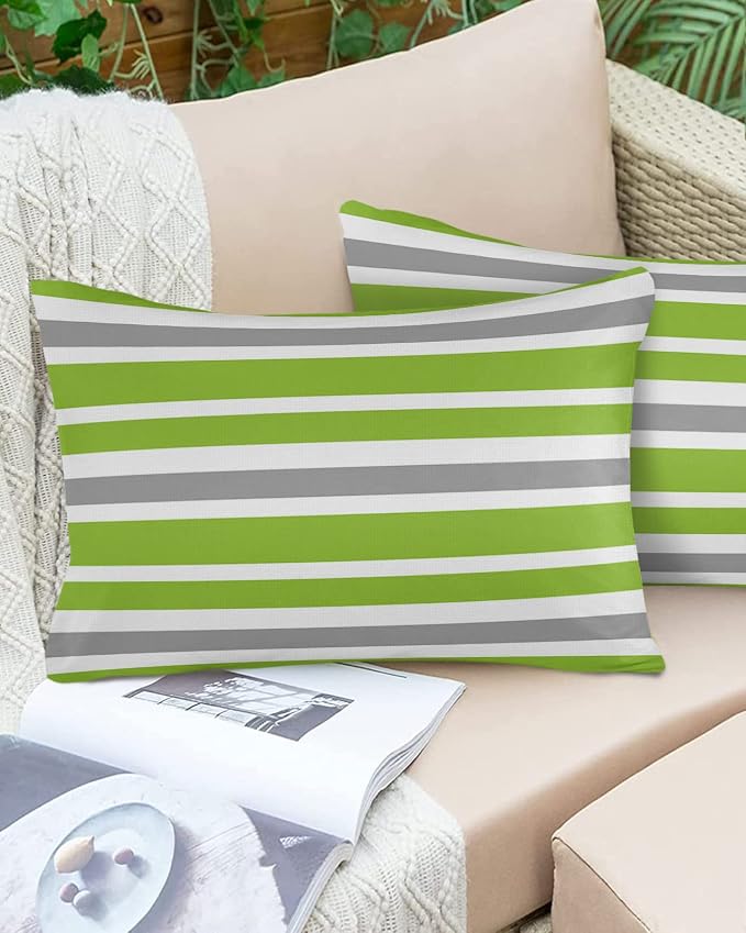 Outdoor Waterproof Lumbar Throw Pillow Covers Set of 2 Grey Green Stripes Decorative Outdoor Pillows Cushion Case 20x12 Inch Classic Striped Patio Pillows for Couch Sofa Bed Garden Home Decor