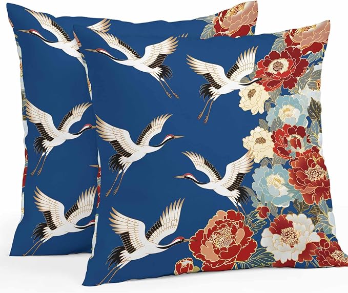 Japanese Style Outdoor Pillow Covers 16x16 Inch Throw Pillow Covers Set of 2 Waterproof Decorative Pillow Cases Blue Rustic Botanical Blossom Peony Birds Cushion Covers for Patio Furniture Garden