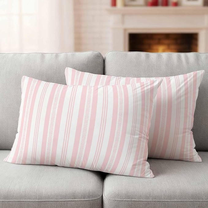 Pink Striped Outdoor Waterproof Pillow Covers, Farmhouse Stripes Modern Geometric Decorative Rectangle Throw Pillowcase Sofa Cushion Sham for Patio/Couch/Chair, 20"x12" 2 Pack