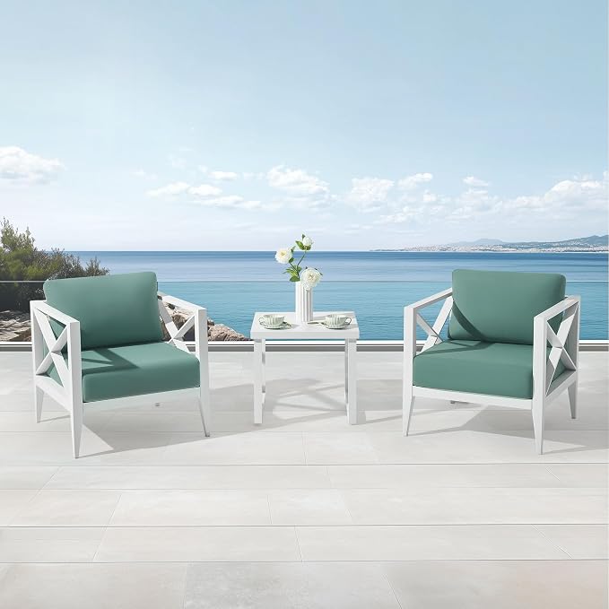 Outdoor Aluminum Patio Furniture Set, 2-Seats Patio Conversation Sofa Set with 1 Coffee Table, All Weather for Pool, Balcony, Garden-White