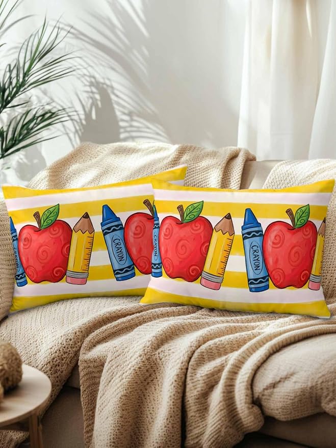 Outdoor Throw Pillow Set of 2, Children's Day Waterproof Pillow with Insert Included, Funny Cartoon Pencil Yellow Striped Decorative Accent Cushion Lumbar Pillows for Patio Porch, 12 x 20 in