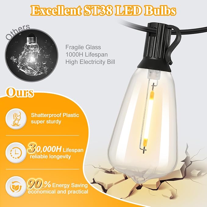 Brightever Outdoor String Lights 180FT, Patio Lights with 90+4 Dimmable ST38 Shatterproof LED Bulbs, Vintage Edison String Lights for Outside, Waterproof Bistro Lights for Halloween Backyard 2700K