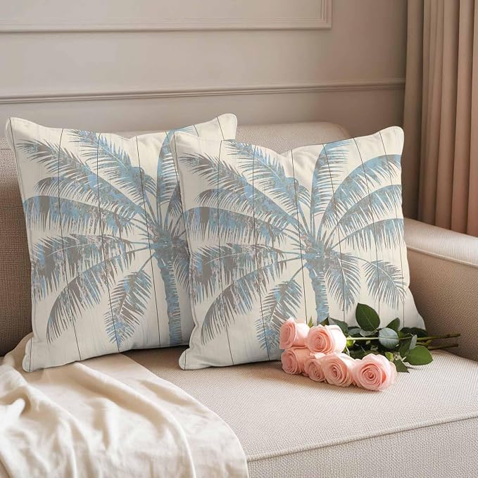 Summer Palm Trees Waterproof Outdoor Pillow Covers 16''x16'' Set of 2, Summer Wood Grain Patio Furniture Vintage Cushion Covers for Chairs, Decorative Blue Tropical Pillow Cases for Garden/Pool/Beach