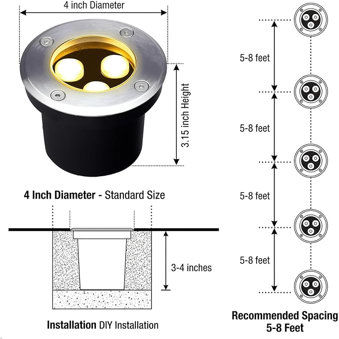 In Ground Well Light Landscape LED 3W, Direct 85-265V AC Transformer-Free Design, IP67 Waterproof Outdoor Pathway Lighting, 3000K Warm White for Garden Patio Deck Yard Walkway, Premium Quality