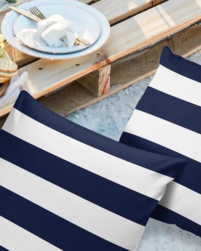 Outdoor Pillows Navy Blue White Stripes Waterproof Outdoor Pillow Covers Geometric Simple Summer Polyester Throw Pillow Covers Garden Cushion Decorative Case for Patio Couch Decoration Set of 2