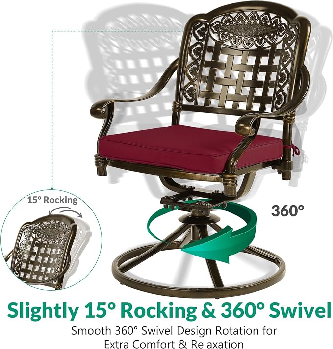 VIVIJASON 9-Piece Outdoor Dining Set, Cast Aluminum Patio Table & Chair Furniture Set for 8, Include Large 64" Square Dining Table, 2 Swivel Rocker Chairs, 6 Stationary Chairs, Umbrella Hole, Red