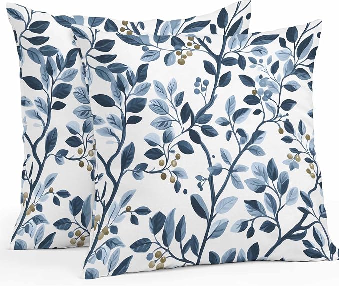 Throw Pillow Covers 16x16 Inch Set of 2, Navy Blue Botanical Waterproof Outdoor Pillow Covers, Summer Spring Leaves Decorative Cushion Pillowcases for Couch, Sofa, Bed, Garden, Patio