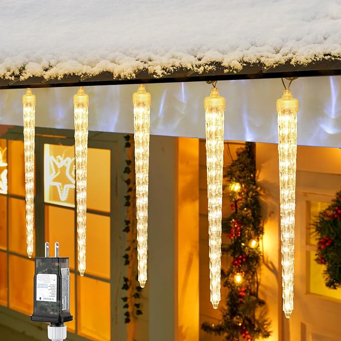 Brightown Christmas Icicle Lights Outdoor, 19.8Ft with 20 Large Tube 480 LED Meteor Shower Dropping Effect, Waterproof Icicle Lights Christmas Decorations for House Eave Roofline, Warm White