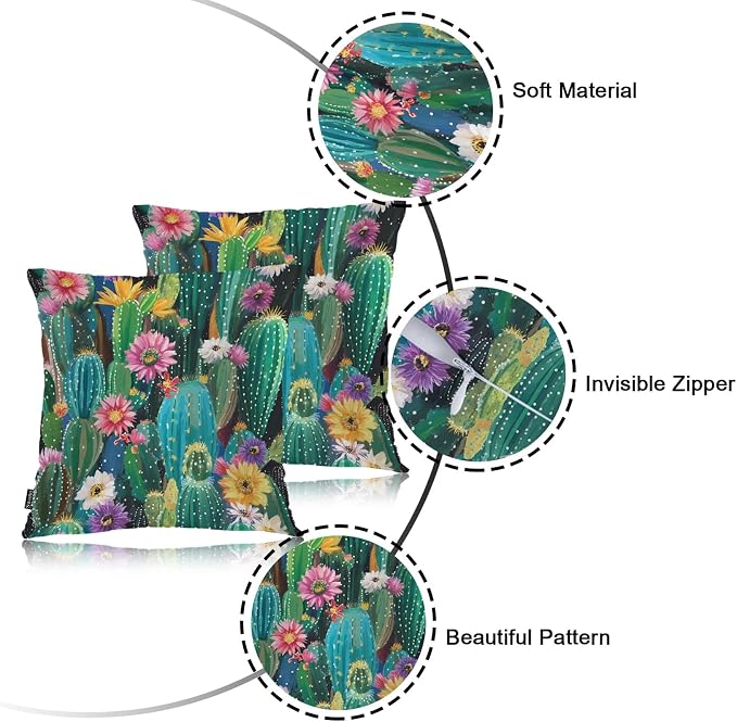 Swono Cactus Set of 2 Decorative Throw Pillow Covers Cushion Case, Tropical Rainbow Blooming Cactus Florals Farmhouse Pillowcase Cozy Pillow Cover for Couch Sofa Bed Garden Chair Car 18 X 18 Inch