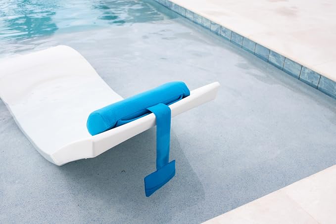 Headrest pillow for patio chaise lounge, in pool lounger on ledge with non-slip weighted tail and cellphone pocket, quick drying outdoor for all weather pool furniture and loungers (Mountain Mist)