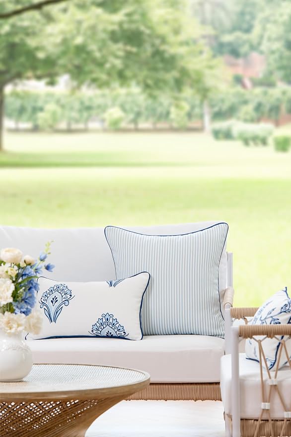 Hofdeco Premium Coastal Patio Indoor Outdoor Lumbar Pillow Cover Only, 12"x20" Water Repellent for Backyard, Couch, Navy Blue Floral with Piping