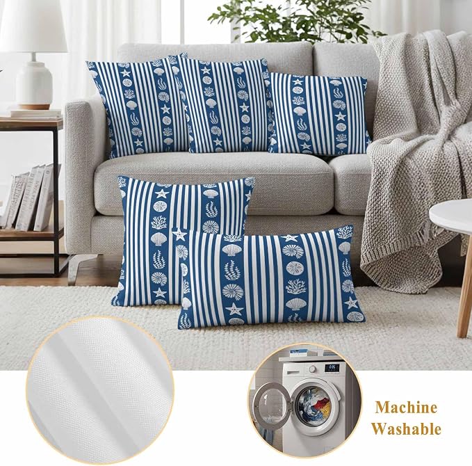 Striped Outdoor Waterproof Throw Pillow Covers Set of 2, 20"x20", Ocean Navy Blue Starfish Shell Jellyfish Coral Decorative Pillow Covers Outside Cushion Case for Patio Porch Garden
