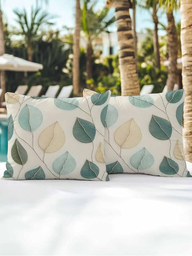 Outdoor Waterproof Throw Pillows Farmhouse Teal Green Leaf Patio Pillows Pack of 2,Decorative Pillow Covers with Insert,Pillow Cushion Case for Garden Couch Sofa Vintage Watercolor Leaves