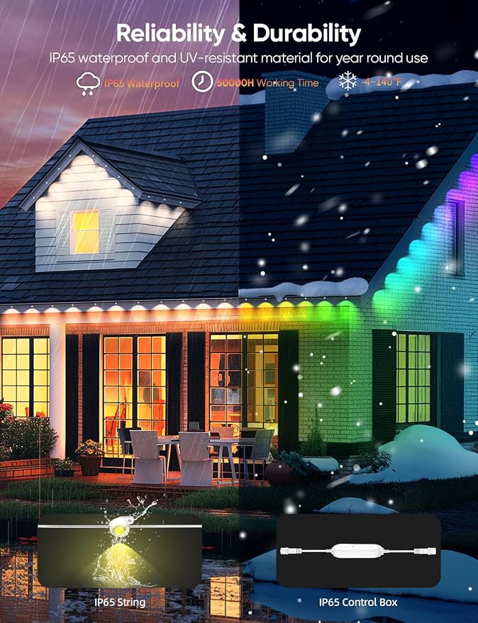Permanent Outdoor Lights 100FT with 72 LEDs, Smart Eaves Lights RGBW | IP65 Waterproof Outdoor String Lights, DIY Scene Modes, App/Remote Control, for Christmas/Holidays, Alexa Compatible, White