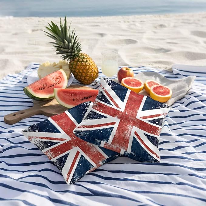 4th of July Outdoor Throw Pillows Covers 16x16 inch Set of 2 Waterproof British Flag Decorative Zippered Cushion Covers for Patio Furniture, Vintage Mottled National Flag Lumbar Pillowcases