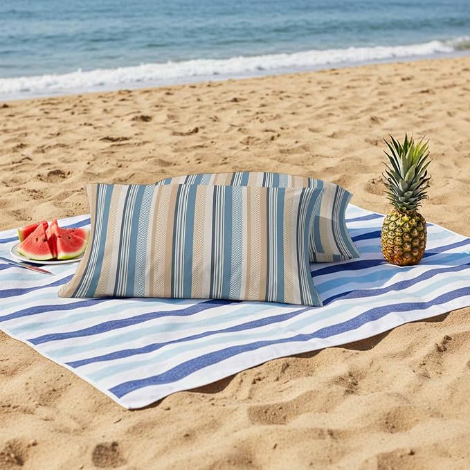 Blue Brown Beige Outdoor Pillow Covers 20x12 Inch Lumbar Pillow Covers Set of 2 Waterproof Decorative Throw Pillow Cases Boho Farmhouse Abstract Stripes Art Cushion Covers for Patio Furniture Garden