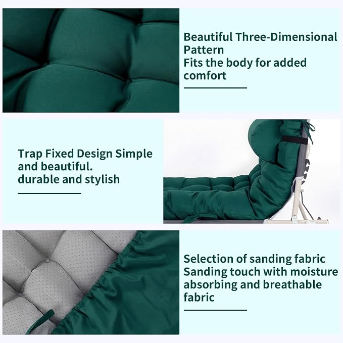 Tudomro Outdoor Chaise Lounge Cushion 66x21x4'' Waterproof & Fade-Resistant Patio Pool Chaise Lounge Cushion Headrest Pillow Tie Replacement Rocking High Back Chair(Hunter Green,1 Pcs)