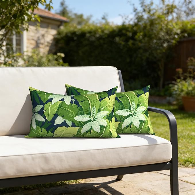 12x20 Inch Lumbae Pillow Covers, Rectangle Waterproof Throw Covers Set of 2, Decorative Patio Furniture Cushion Cases for Porch Garden, Jungle Leaves
