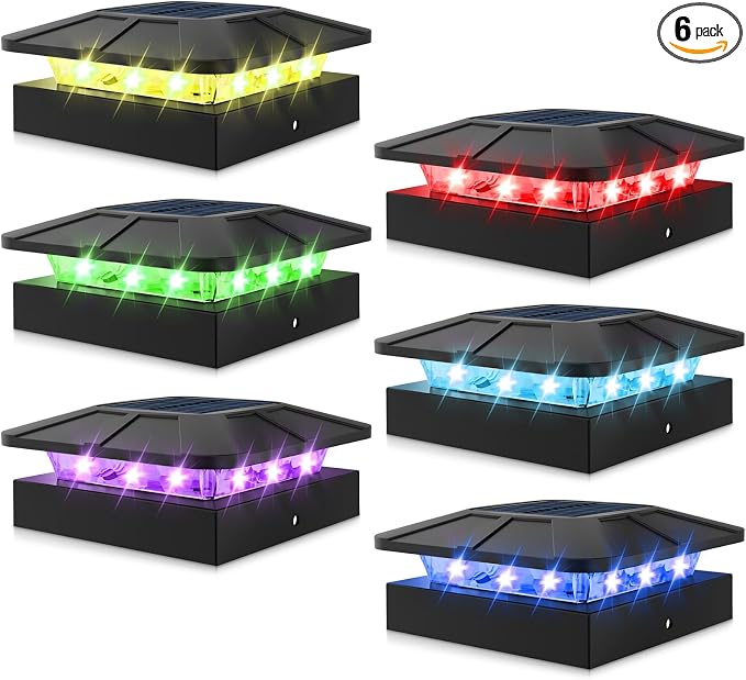 4x4 Post Solar Lights RGB Color Changing, 6 Packs Waterproof LED Solar Cap Lights for 4×4/3.5×3.5 Wood/Vinyl Posts, Post Top Lighting Outdoor for Fence Deck Mailbox Porch Railing