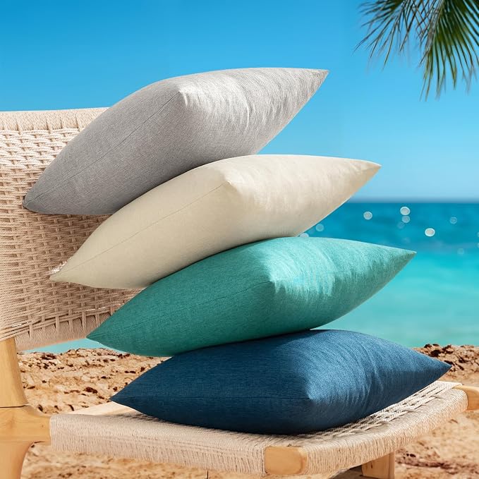 ANRODUO Outdoor Waterproof Pillow Covers for Patio 18x18 Turquoise 2 Pack | Outdoor Pillow Covers for Patio Furniture, Decorative Linen Cushion Sham, Outside Square Pillowcase for Garden Balcony Decor