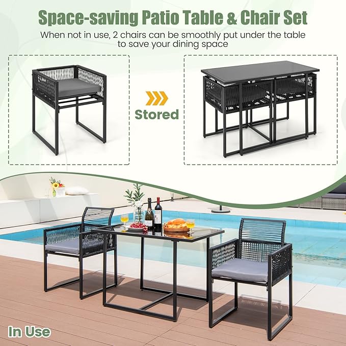 HAPPYGRILL 3 Pieces Outdoor Patio Dining Set, PE Rattan Furniture Set with Cushions, Tempered Glass Tabletop, Space-Saving Rattan Dining Chair Table Set for Backyard Poolside Balcony