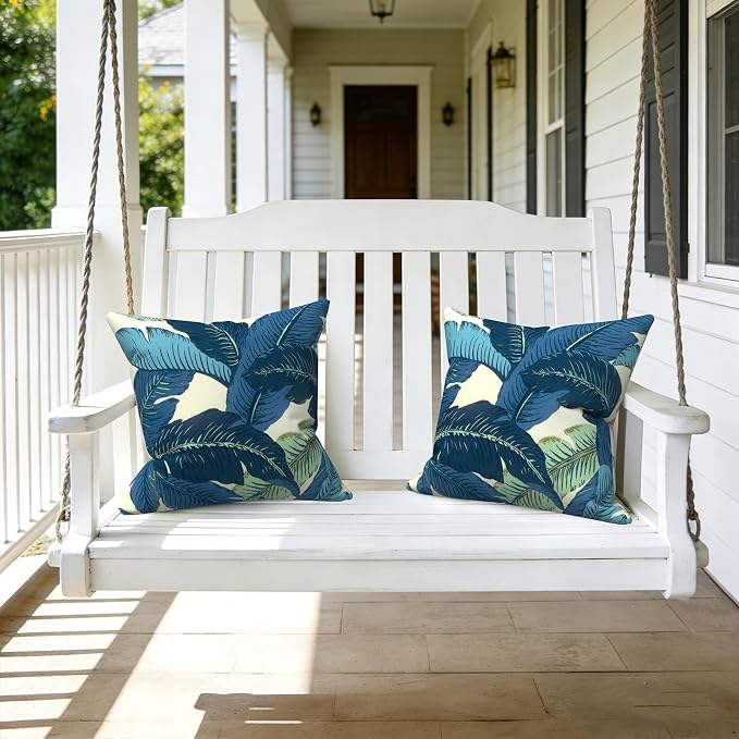LVTXIII Outdoor Throw Pillows, Decorative Throw Pillows with Inserts, 16"x16" Square Pillows for Bed, Couch, Sofa and Patio Furniture, Set of 2, Swaying Palms Blue