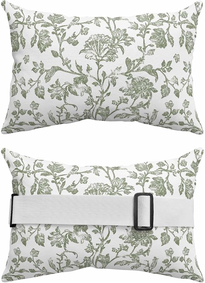 Pack of 2 Outdoor Lumbar Pillow Covers 11x16 Inch, Sage Green Flower Waterproof Throw Pillow Covers Set, Vintage Farmhouse Boho Leaf Spring Indoor&Outdoor Cushion Cases for Patio Porch Beach