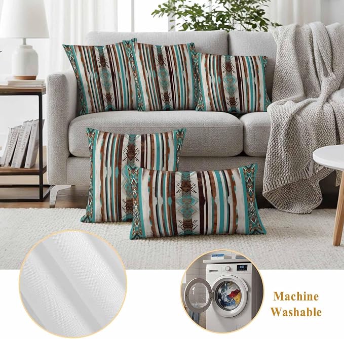 Ethnic Tribal Diamond Outdoor Pillow Covers 16"x16" Set of 2, Boho Abstract Teal Brown Stripes Diamond Waterproof Throw Pillow Covers for Patio Furniture, Decorative Cushion Covers for Porch
