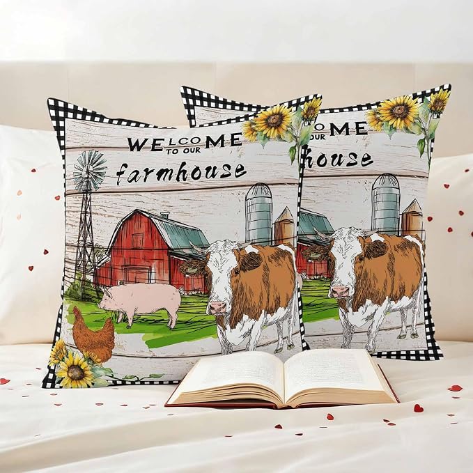 Outdoor Waterproof Pillow Covers 18x18Inch Farmhouse Animal Barn Chicken Pig Cow Throw Pillowcases for Patio Garden Couch Sofa Retro Wood Grain Farm Scene Decorative Cushin Case,Pack of 2