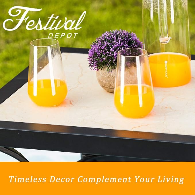 Festival Depot Metal Steel Outdoor Side Table Patio Bistro Square Dining Table Ceramics Top with Steel Legs (1pc Dining Table, Ceramics)