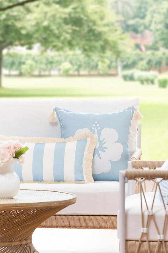 Hofdeco Premium Coastal Patio Indoor Outdoor Long Lumbar Pillow Cover Only, 12"x26" Water Repellent for Backyard, Couch, Baby Blue Stripes with Fringe