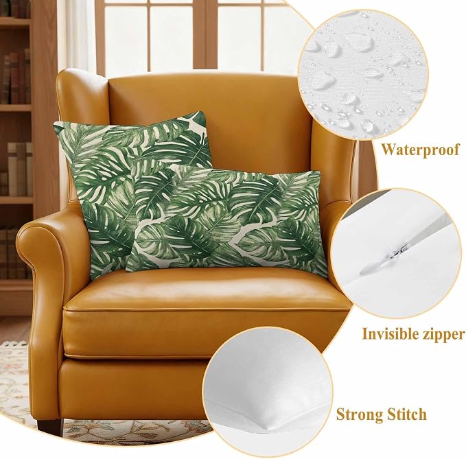 Green Tropical Leaves Waterproof Outdoor Pillow Covers Set of 2 Home Decor, Farmhouse Summer Leaf Plants Pillowcase Patio Pillow Covers for Couch Bench Furniture Garden 20x12in