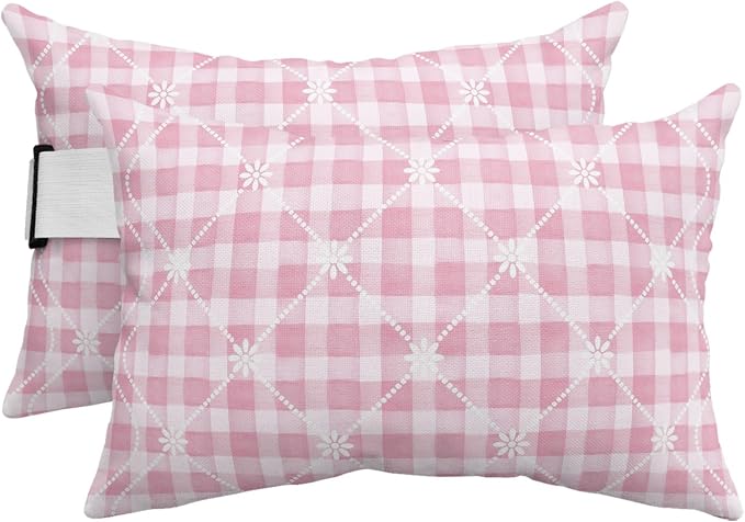 Pink Plaid Flower White Lattice Chaise Lounge Head Pillow, 2 Pack Outdoor Recliner Pillow with Insert&Adjustable Elastic Strap, Romantic Waterproof Throw Pillows for Patio Beach Chair
