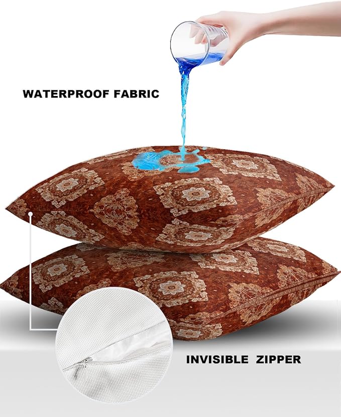Prime Leader Outdoor Waterproof Pillow Covers Set of 2, Medieval Turkish Patterns Mural Wallpaper Retro Patio Throw Pillow Covers, Decorative Cushion Case for Couch Sofa Furniture Garden, 24x24 Inch