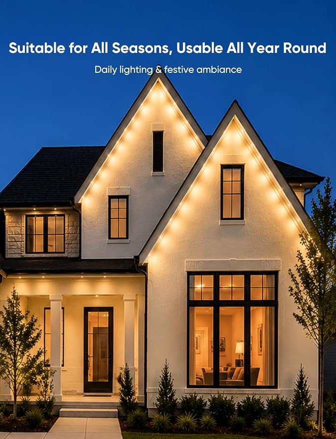 RGBW Permanent Outdoor Lights 300ft, 40ML, with 216 LED Bulbs, White | IP67 Waterproof, 111 Scene Modes, 2700K Warm White, Music Sync, Individual Control, Eave Lights Compatible with Alexa