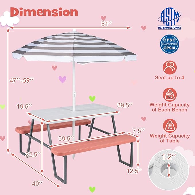HONEY JOY Kids Picnic Table, 4 Person Toddler Outdoor Table and Chair Set, Built-in Benches, Removable Umbrella, Metal Frame & HDPE Top, Children Outdoor Furniture for Backyard Patio Garden (Pink)