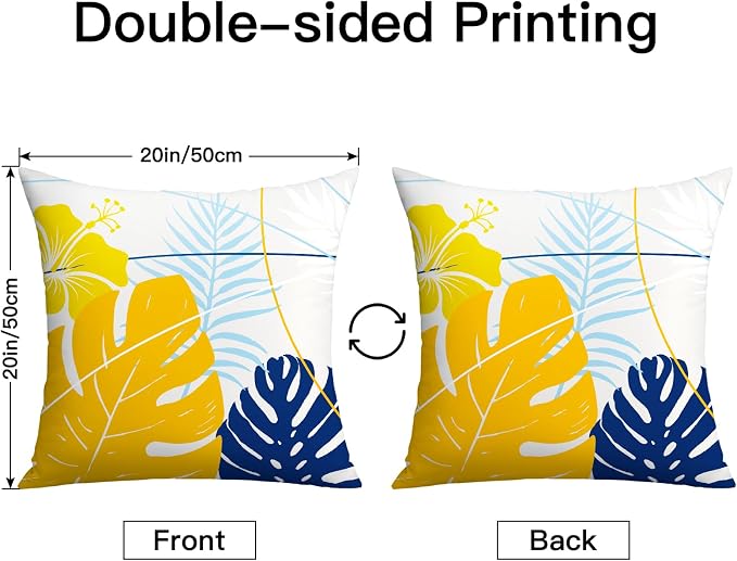OTOSTAR Outdoor Waterproof Throw Pillow Covers 20x20 Inch Set of 2 Double-Sided Yellow Blue Tropical Leaf and Flower Spring Summer Decorative Pillow Cases for Patio Funiture Garden Tent Balcony Couch