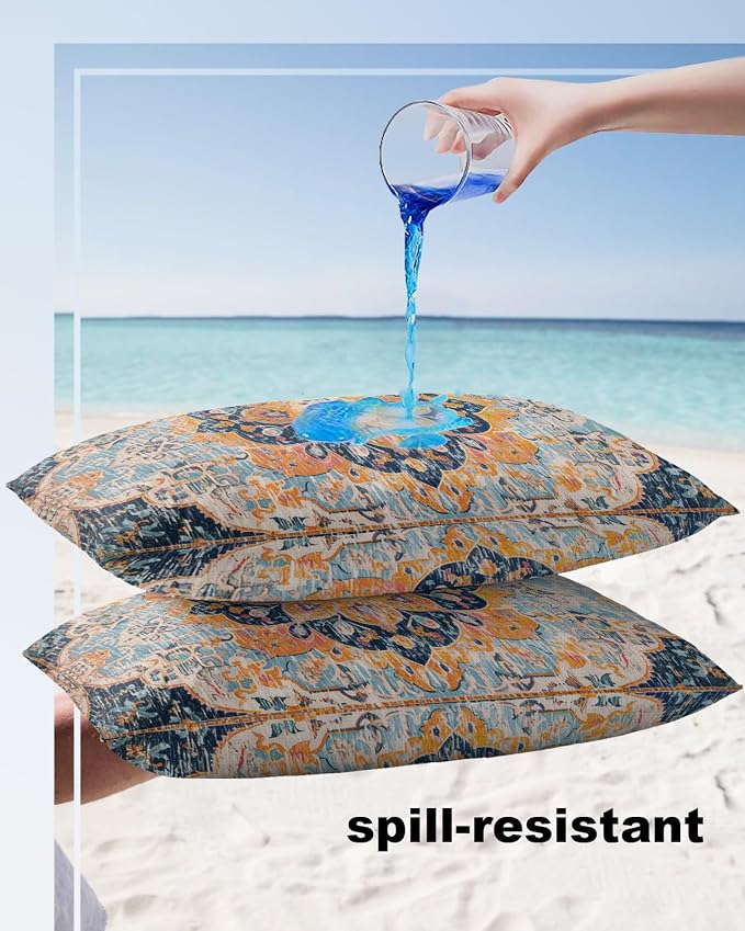 Outdoor Waterproof Pillow Covers Set of 2, Meddle Century Vintage Blue Carpet Mural Pattern Patio Throw Pillow Covers, Decorative Cushion Case for Couch Sofa Furniture Garden, 20x12 Inch