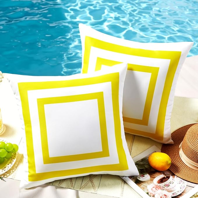 JOJOGOGO 18x18 Mustard Yellow Frame Outdoor Throw Pillow Covers Waterproof & Sunproof Set of 2, White and Yellow Outdoor Decorative Throw Pillows for Patio Furniture and Porch Decor(Without Inserts)