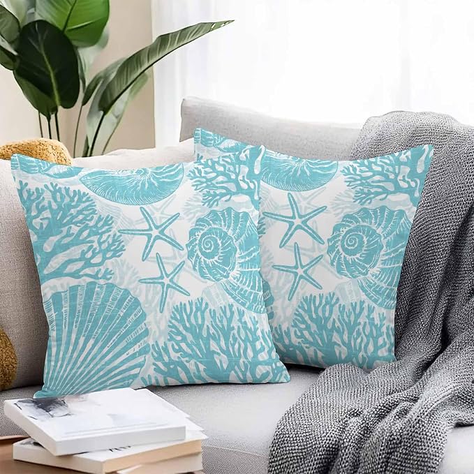 Outdoor Pillow Covers 18x18 Inch Set of 2, Aqua Coastal Waterproof Throw Pillow Covers, Beach Starfish Nautical Coral Shell Summer Decorative Cushion Pillowcases for Couch, Sofa, Bed, Garden, Patio