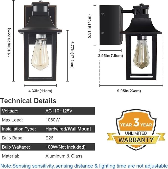 Porch Lights with GFCI Outlet,Dusk to Dawn Motion Sensor Outdoor Lights | 3 Light Modes Black Front Door Lights,Waterproof Outside Wall sconces for House,Patio,Garage, Bulb not Included(2 Pack)