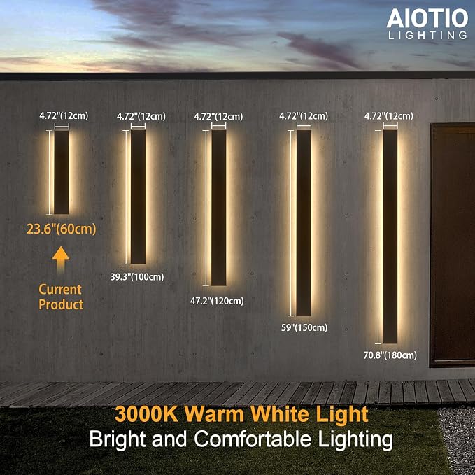 AioTio 23.6in Modern Outdoor Wall Light, Black Upgraded 4.72in Wide 3000K Waterproof IP65 Porch Lights Wall Sconce,Long LED Linear Outside Exterior Lighting Fixtures for Garage,Front Door