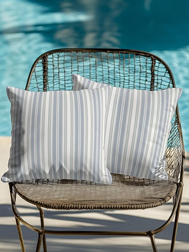 Waterproof Outdoor Pillow Set of 2 Blue Stripes Decorative Throw Pillows Cover & Insert 18x18 Inch Pillowcase White Lines Lines Square Pillows for Couch Sofa Bed Patio Furniture Indoor Outdoor
