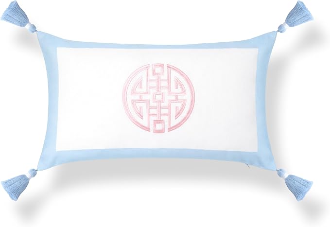 Hofdeco Premium Coastal Grandmillennial Patio Indoor Outdoor Lumbar Pillow Cover Only, 12"x20" Water Repellent for Backyard, Couch, Poolside, Baby Blue Pink Embroidered Double Happiness Symbol
